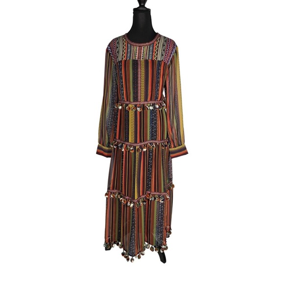 Chelsea & Theodore Boho Striped  Maxi Dress with Pom Poms Long Sleeve Bohemian - Picture 6 of 11